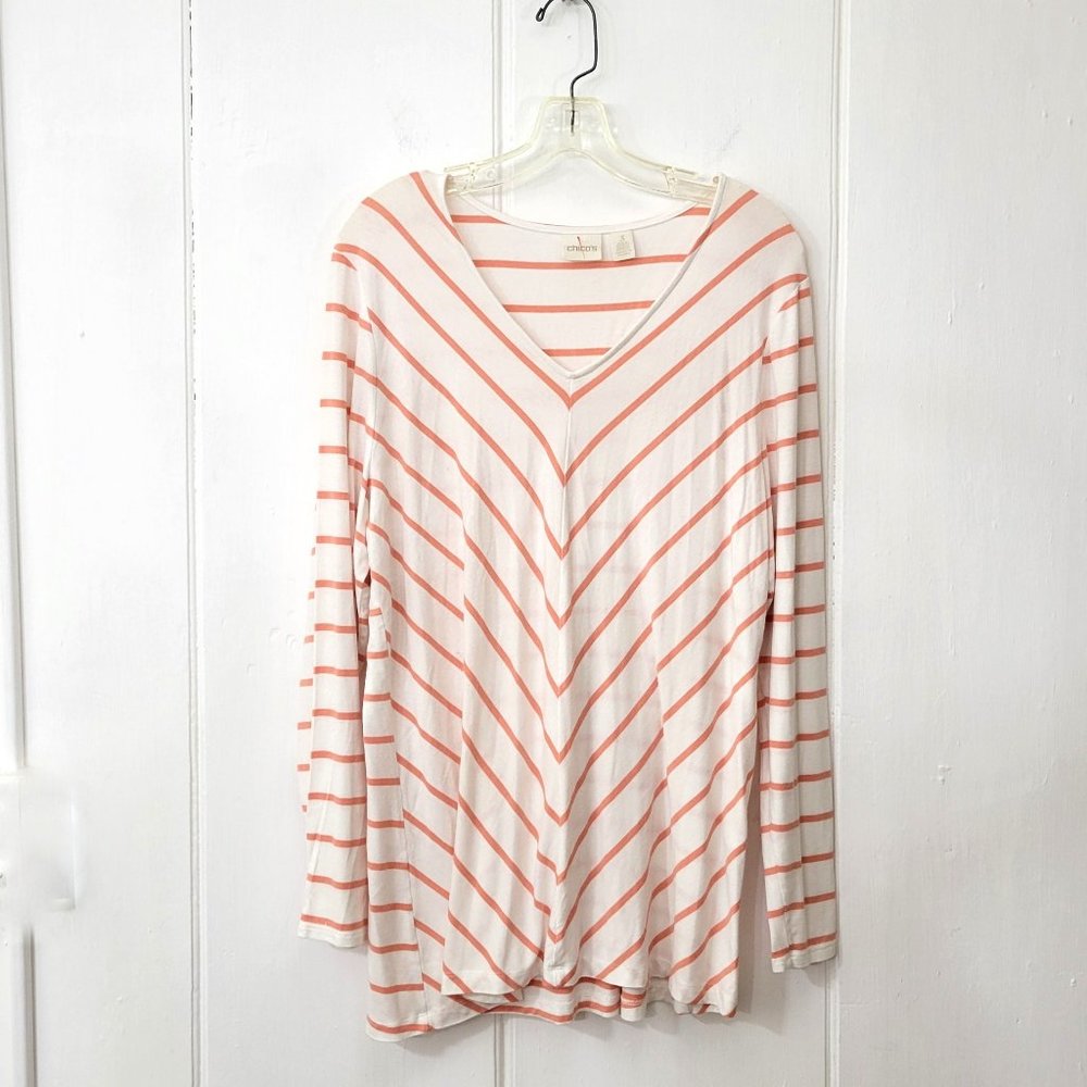 Chico's Peach and White Chevron Stripe Jersey Tunic